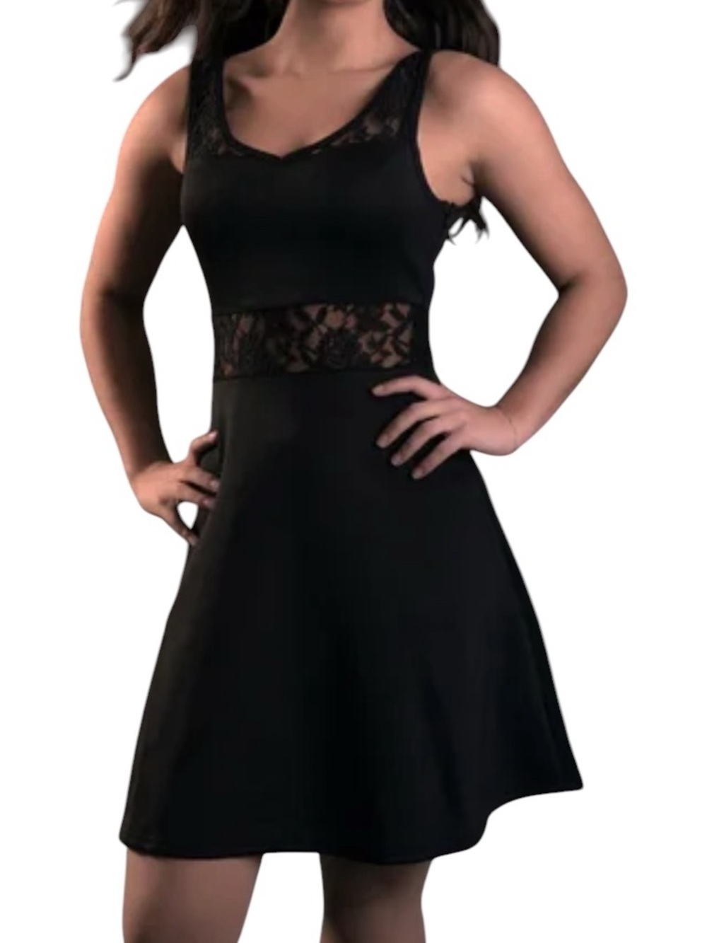Divided by H&M Solid Black Lace Accent V-Neck Fit & Flare Mini Cocktail Dress
